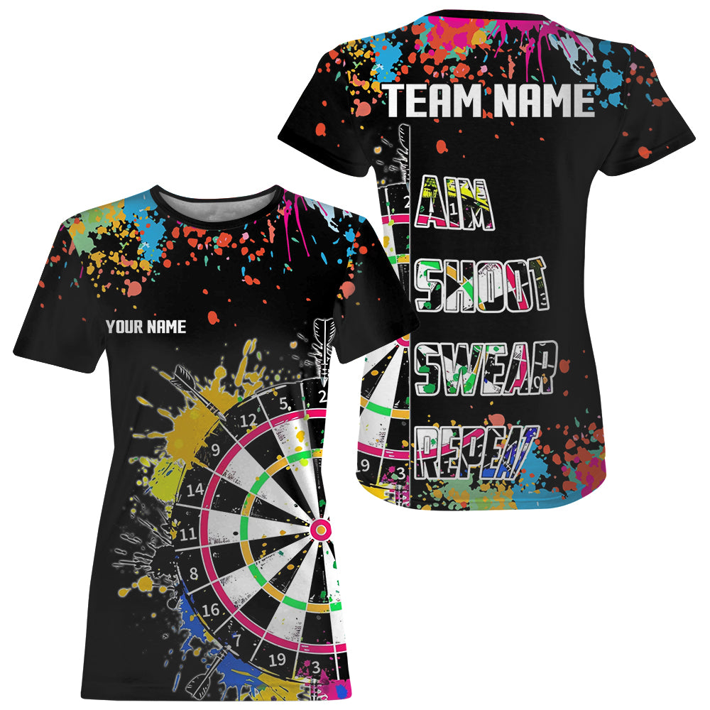 Funny Colorful Paint Aim Shoot Swear Repeat Darts T Shirts For Women Custom Darts Team Jersey |Black TDM2778