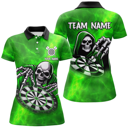 Grim Reaper Custom Green Dart Shirts For Women, Personalized Name 3D Skull Dart Team Jerseys TDM3020