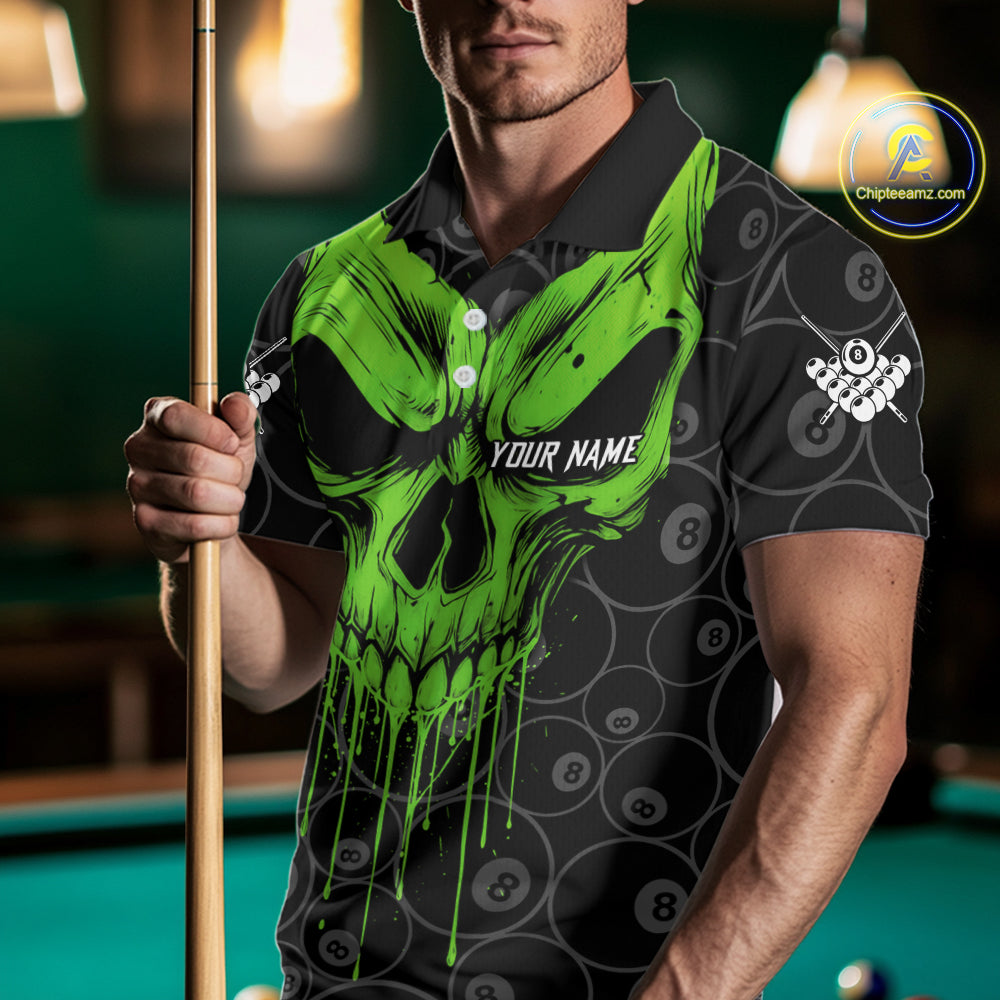 Personalized Skull 8 Ball Billiard Shirt For Men Custom Pool Team Jersey Polo & 1/4 Zip |Green TDM6361