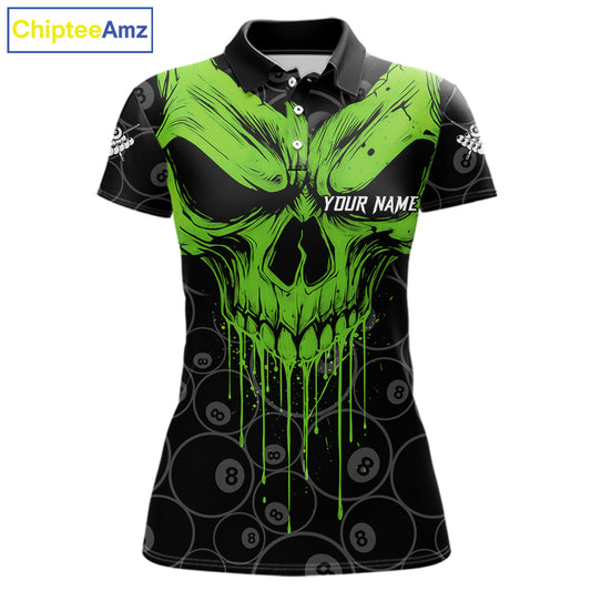 Personalized Skull 8 Ball Billiard Shirt For Women Custom Pool Team Jersey Polo & 1/4 Zip |Green TDM6361
