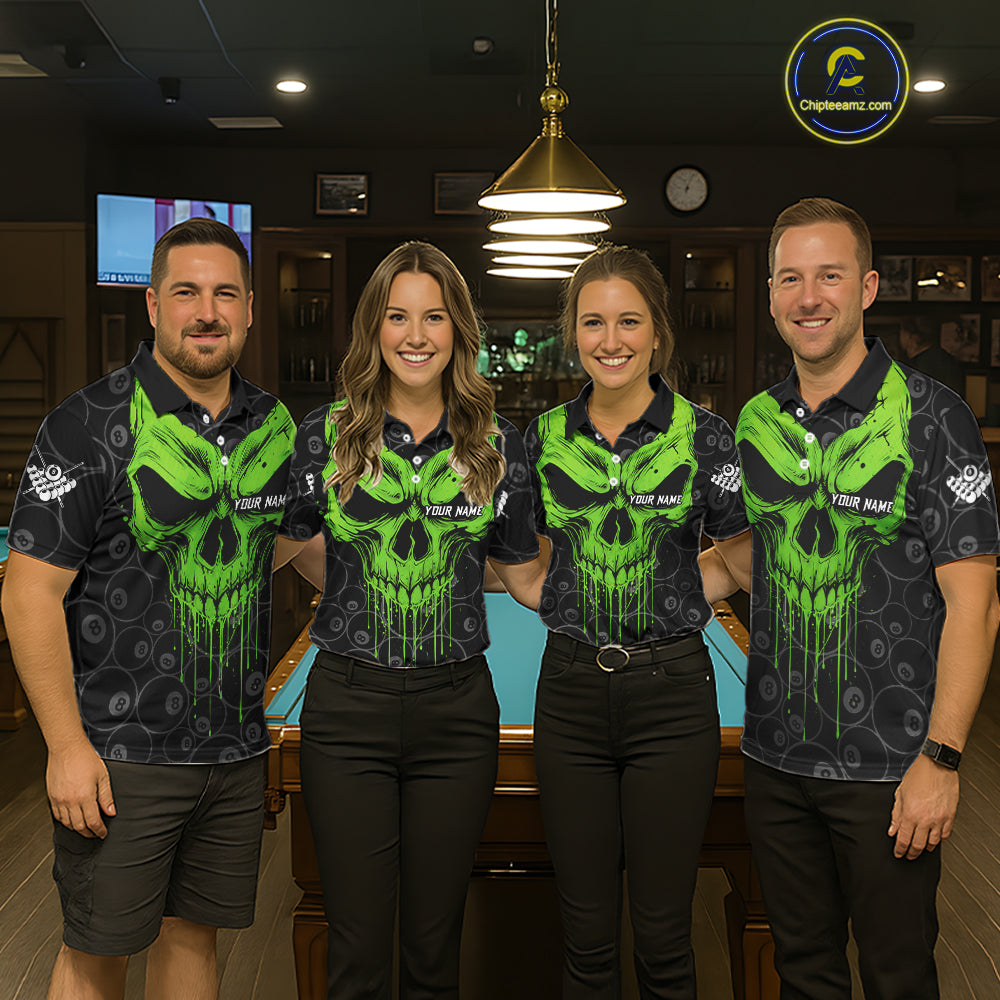 Personalized Skull 8 Ball Billiard Shirt For Men Custom Pool Team Jersey Polo & 1/4 Zip |Green TDM6361