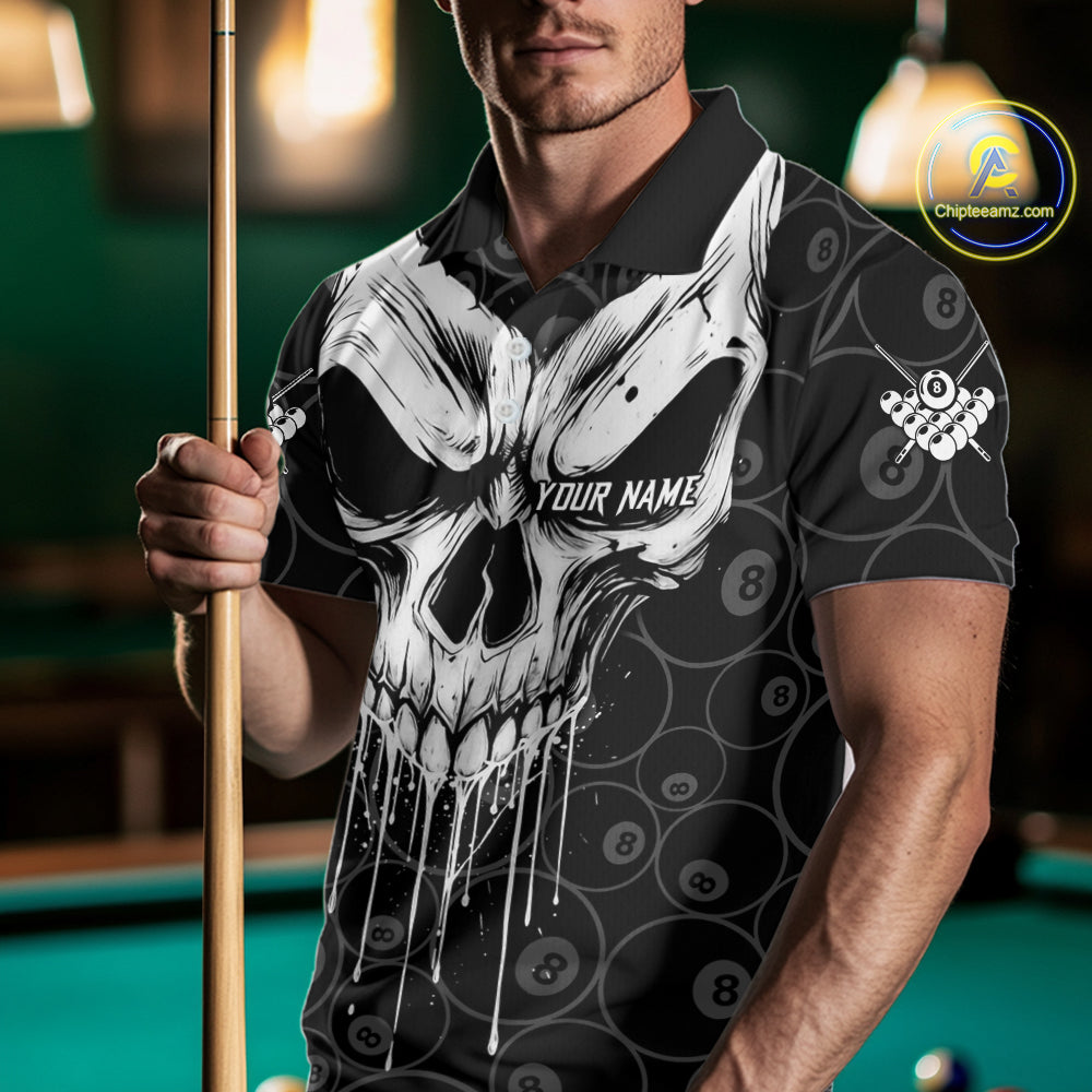 Personalized Skull 8 Ball Billiard Shirt For Men Custom Pool Team Jersey Polo & 1/4 Zip |White TDM6362