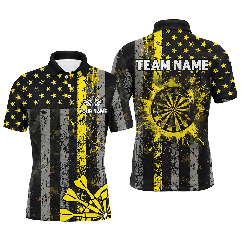 Custom Yellow Grunge US Flag Patriotic Darts Shirt For Men, Retro Darts Board Darts Team Jerseys TDM2069