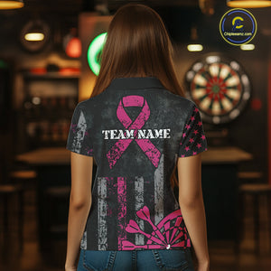 Custom Pink Ribbon Grunge American Flag Patriotic Darts Shirt For Women, Breast Cancer Darts Jersey TDM4623