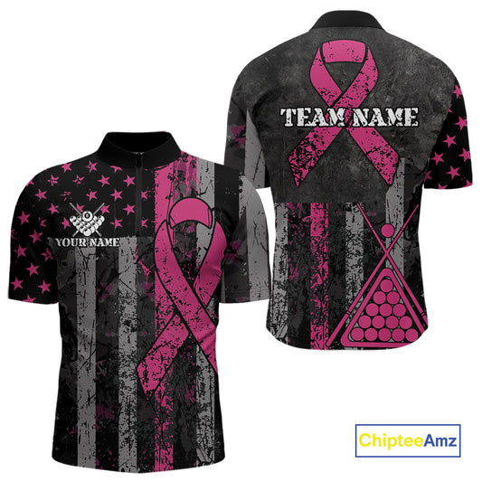 Custom Pink Ribbon Grunge US Flag Billiard Shirt For Men, Patriotic Breast Cancer Pool Team Jersey TDM4624