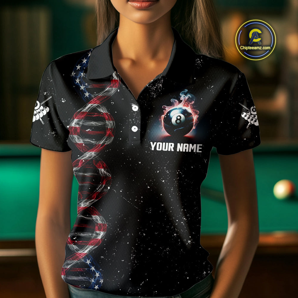 Women's Custom DNA American Flag Smoke 8 Ball Billiard Shirt, Patriotic Pool Jersey Polo & 1/4 Zip TDM4627