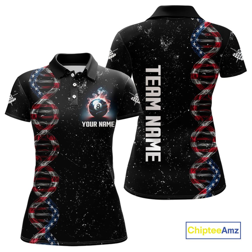 Women's Custom DNA American Flag Smoke 8 Ball Billiard Shirt, Patriotic Pool Jersey Polo & 1/4 Zip TDM4627