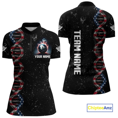 Women's Custom DNA American Flag Smoke 8 Ball Billiard Shirt, Patriotic Pool Jersey Polo & 1/4 Zip TDM4627