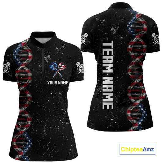 Custom Women's Black Grunge DNA American Flag Smoke Darts Shirt, Patriotic Dart Jersey Polo, 1/4 Zip TDM4628