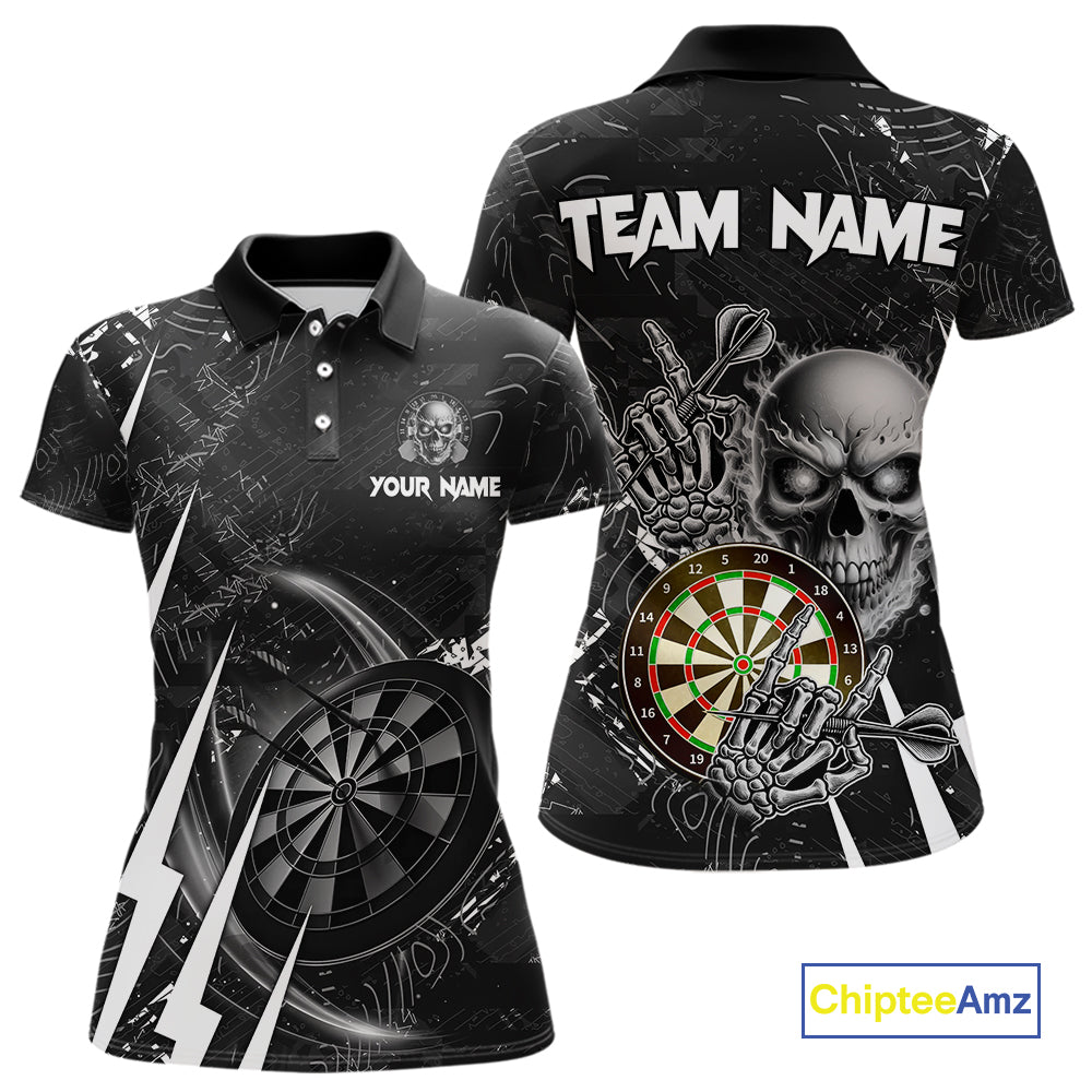 White Black 3D Skull Darts Polo & 1/4 Zip For Women Custom Darts League Team Jersey, Best Darts Gift TDM4828