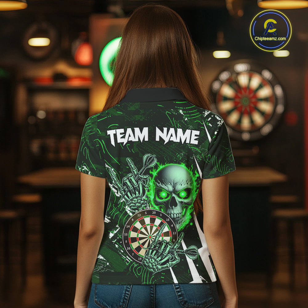 Green 3D Skull Darts Polo & 1/4 Zip For Women Custom Darts League Team Jersey, Best Darts Gifts TDM4829