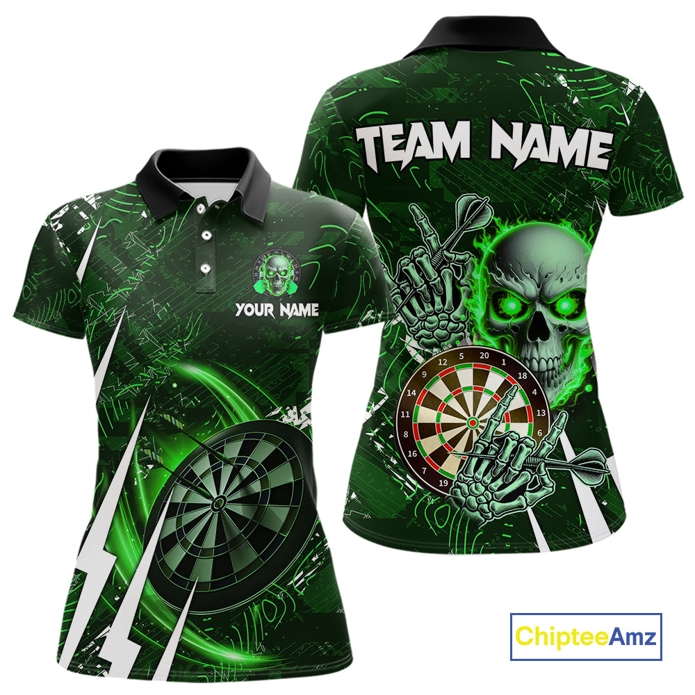 Green 3D Skull Darts Polo & 1/4 Zip For Women Custom Darts League Team Jersey, Best Darts Gifts TDM4829