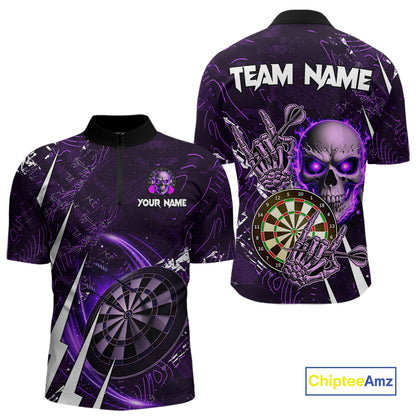 Purple 3D Skull Darts Polo & 1/4 Zip For Men Custom Darts League Team Jersey, Best Darts Gifts TDM4830