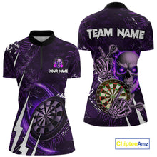 Load image into Gallery viewer, Purple 3D Skull Darts Polo &amp; 1/4 Zip For Women Custom Darts League Team Jersey, Best Darts Gifts TDM4830