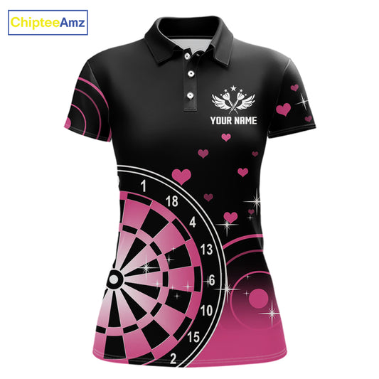 Pink And Black Darts Wings Polo & Quarter Zip Custom Darts Shirt For Women, Valentine Darts Gifts TDM5765
