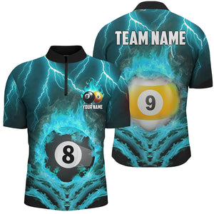 Billiard 8 Ball & 9 Ball Fire Lightning Men Polo & 1/4 Zip Shirts Custom Billiard Jersey |Turquoise TDM1644