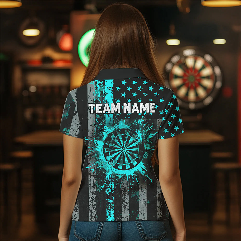 Custom Turquoise Grunge Us Flag Patriotic Darts Shirt For Women, Retro Darts Board Darts Team Jerseys TDM1648