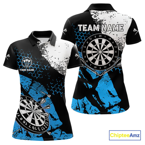 Retro Black Blue Grunge Pattern Darts Polo, Quarter Zip Custom Women Dart Shirt Team Dart Jersey TDM4040