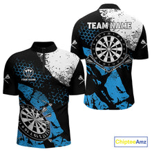 Load image into Gallery viewer, Retro Black Blue Grunge Pattern Darts Polo, Quarter Zip Custom Men Dart Shirt Team Dart Jersey TDM4040