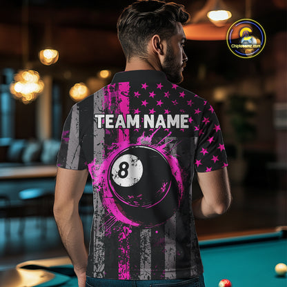 Custom Pink Grunge US Flag Patriotic Billiard Shirts For Men, Retro 8 Ball Pool Billiard Jersey TDM4045