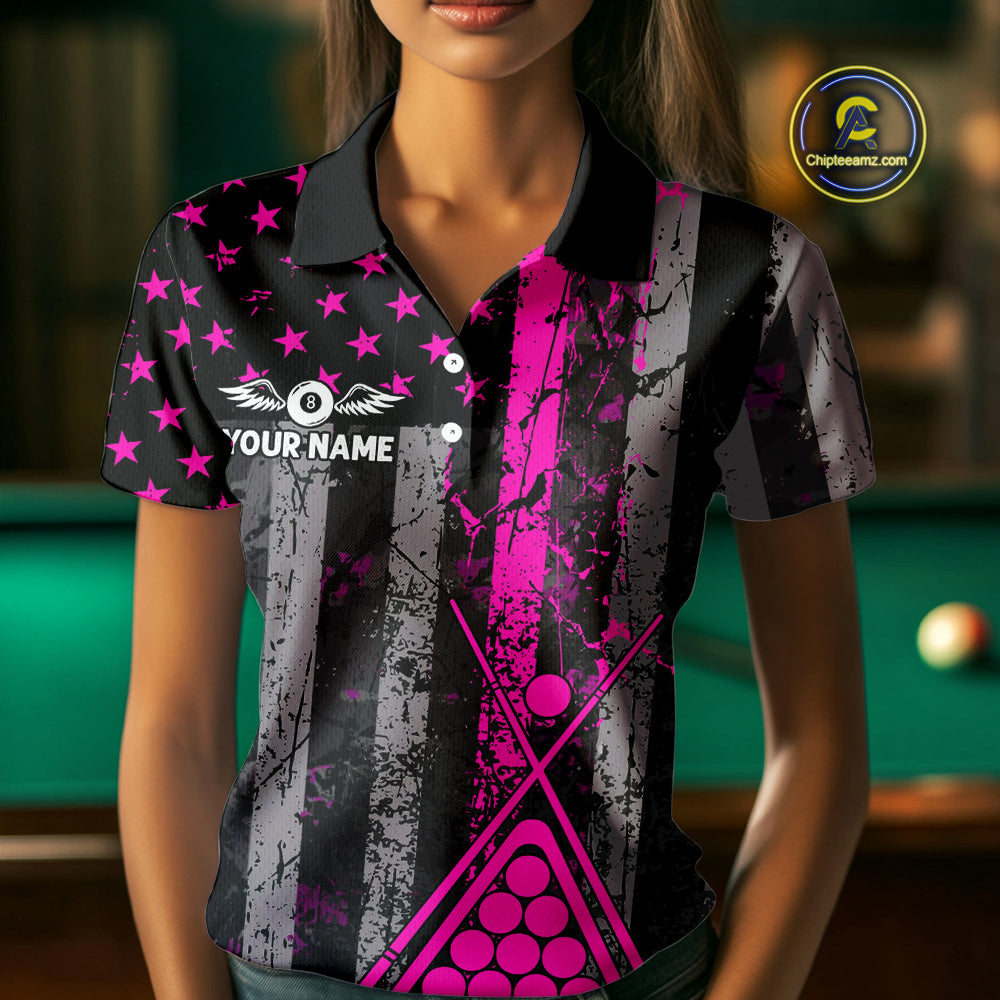 Custom Pink Grunge US Flag Patriotic Billiard Shirts For Women, Retro 8 Ball Pool Billiard Jersey TDM4045