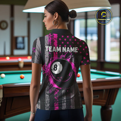 Custom Pink Grunge US Flag Patriotic Billiard Shirts For Women, Retro 8 Ball Pool Billiard Jersey TDM4045