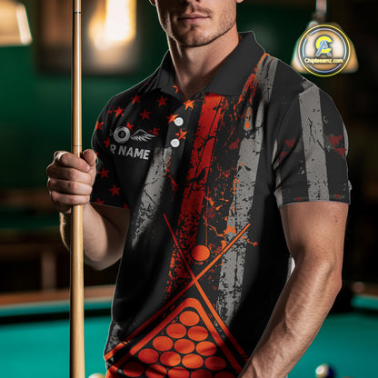 Custom Orange Grunge US Flag Patriotic Billiard Shirts For Men, Retro 8 Ball Pool Billiard Jersey TDM4046