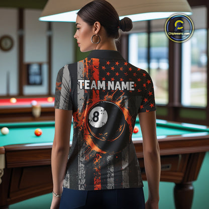 Custom Orange Grunge US Flag Patriotic Billiard Shirts For Women, Retro 8 Ball Pool Billiard Jersey TDM4046