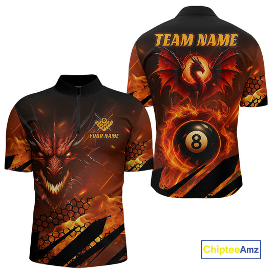 Personalized Orange Flame Dragon 8 Ball Billiard Shirt For Men, Pool Team Jersey Polo & 1/4 Zip TDM4399