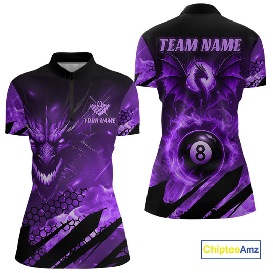 Personalized Purple Flame Dragon 8 Ball Billiard Shirt For Women, Pool Team Jersey Polo & 1/4 Zip TDM4401
