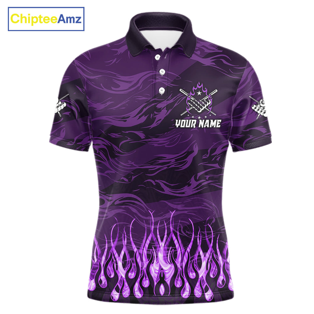 Custom Purple Flaming 8 Ball Pool Fire Polo Shirt Designed for Personalized Billiard Team Jerseys with Vibrant Flame Graphics and Athletic Performance Style