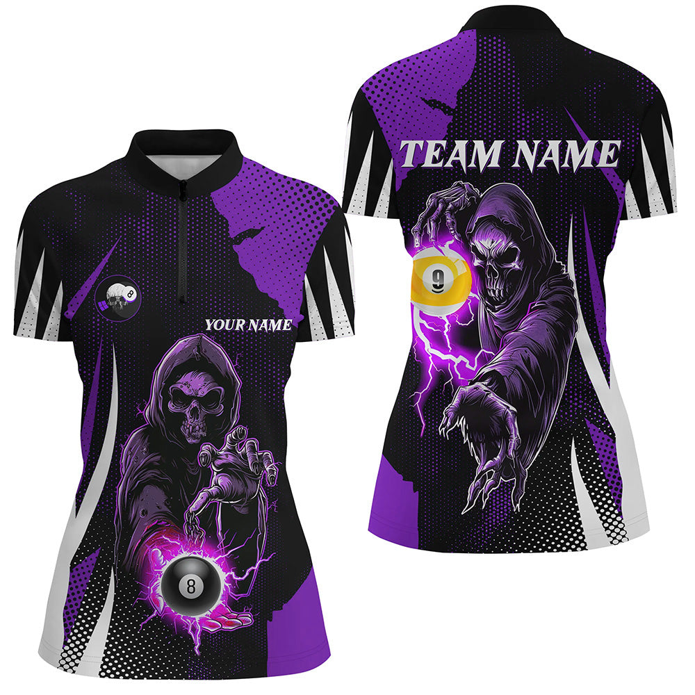 Funny Purple Grim Reaper 8 Ball & 9 Ball Billiard Shirts For Women Custom League Billiard Jerseys TDM2285