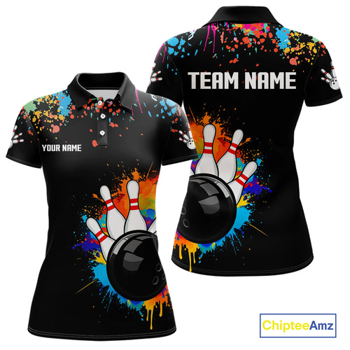 Personalized Colorful Paint Splash Bowling Shirt For Women, Funny Bowling Team Jersey Polo, 1/4 Zip TDM4637