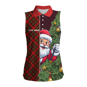 Funny Christmas Santa Red Argyle Pattern Custom Women Sleeveless Polo Shirt Christmas Golf Gifts Idea TDM3040