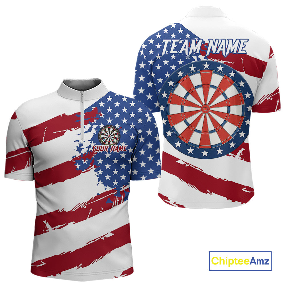 Personalized Dartboard American Flag Darts Shirt For Men, Patriotic Darts Jersey Polo & 1/4 Zip TDM5271