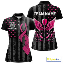 Load image into Gallery viewer, Custom Pink Ribbon Wings Darts Shirt For Women, US Flag Breast Cancer Darts Jersey Polo &amp; 1/4 Zip TDM6377
