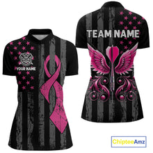 Load image into Gallery viewer, Custom Pink Ribbon Wings Darts Shirt For Women, US Flag Breast Cancer Darts Jersey Polo &amp; 1/4 Zip TDM6377