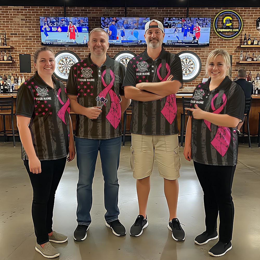 Custom Pink Ribbon Wings Darts Shirt For Men, US Flag Breast Cancer Darts Jersey Polo & 1/4 Zip TDM6377