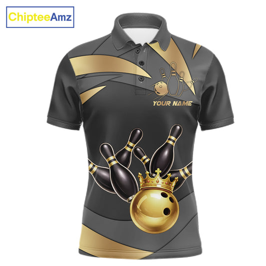Black And Gold Bowling Shirt For Men Custom Crown Bowling Jersey, Bowling League Polo & 1/4 Zip TDM6379