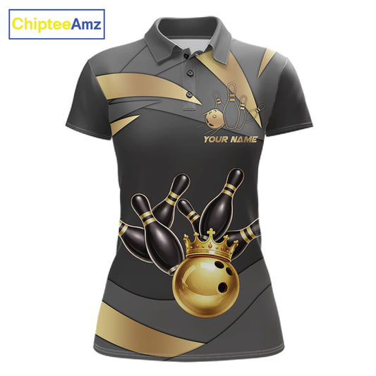 Black And Gold Bowling Shirt For Women Custom Crown Bowling Jersey, Bowling League Polo & 1/4 Zip TDM6379