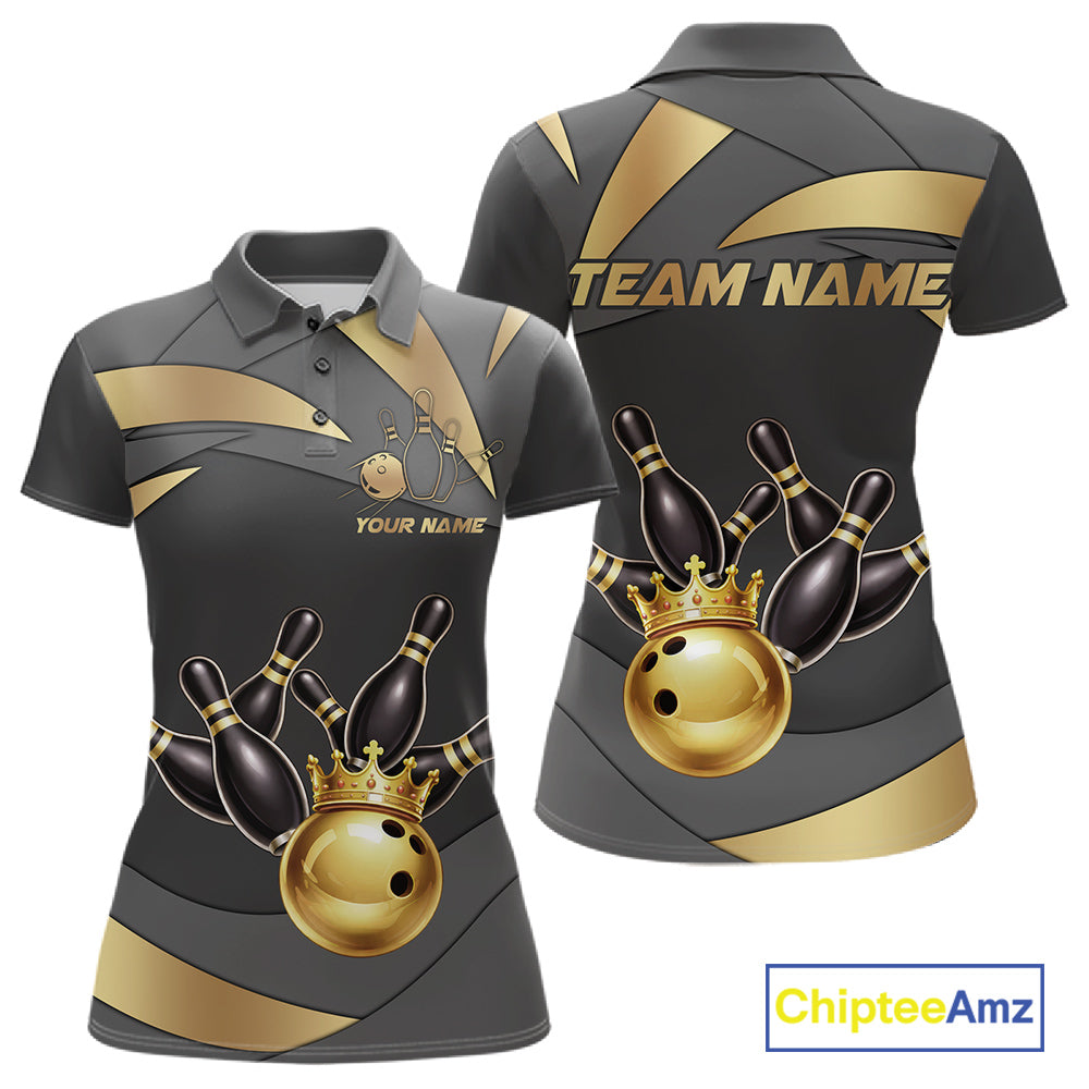 Black And Gold Bowling Shirt For Women Custom Crown Bowling Jersey, Bowling League Polo & 1/4 Zip TDM6379