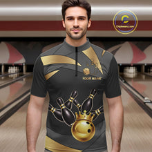 Load image into Gallery viewer, Black And Gold Bowling Shirt For Men Custom Crown Bowling Jersey, Bowling League Polo &amp; 1/4 Zip TDM6379