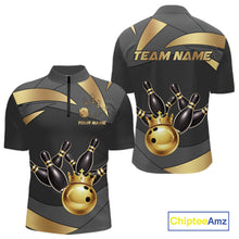 Load image into Gallery viewer, Black And Gold Bowling Shirt For Men Custom Crown Bowling Jersey, Bowling League Polo &amp; 1/4 Zip TDM6379