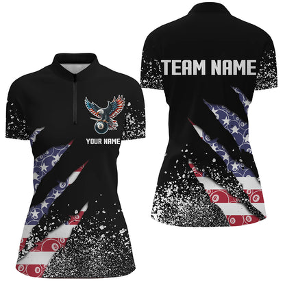 Custom Ball 8 US Flag Black Grunge Women Billiard Polo & Quarter-Zip Shirt Best Billiard Team Jersey TDM1649