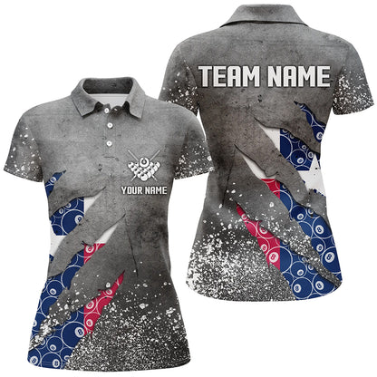 Custom Ball 8 Texas Flag Grey Grunge Women Billiard Polo & 1/4 Zip Shirt Best Billiard Team Jersey TDM1651
