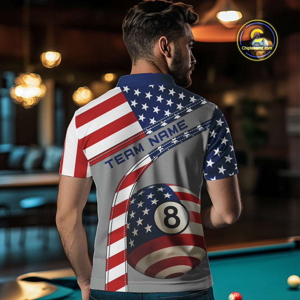 Custom Men's 8 Ball Billiard Shirts, American Flag Polo & 1/4 Zip Patriotic Pool Team Jerseys TDM4055