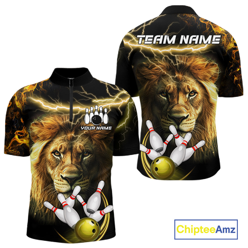 Personalized yellow lightning thunder lion bowling team jersey quarter zip shirt for men featuring yellow lightning lion graphics, premium custom bowling apparel.