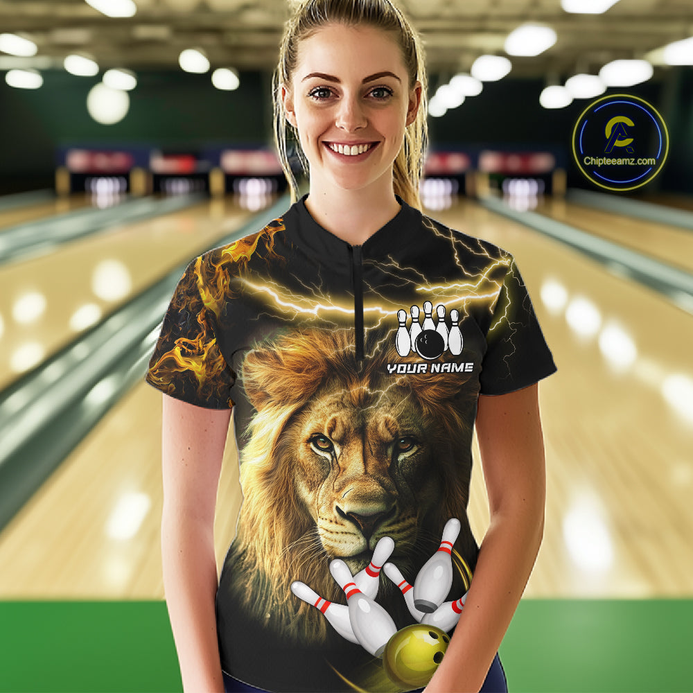 Woman wearing personalized yellow lightning thunder lion bowling team jersey quarter zip shirt featuring yellow lightning lion artwork, front view.