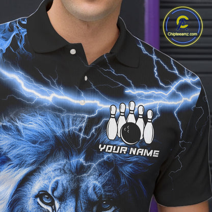 Close-up of personalized blue lightning thunder lion bowling team jersey polo shirt featuring collar, buttons and blue lightning lion artwork.