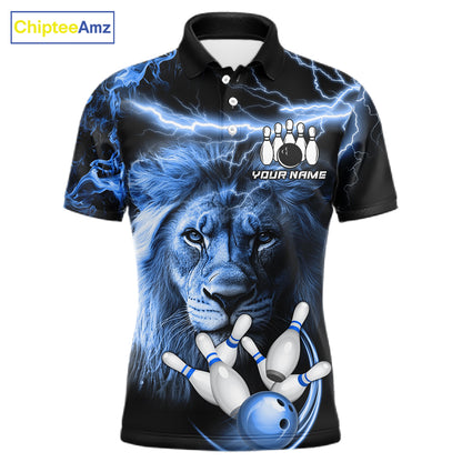 Personalized blue lightning thunder lion bowling team jersey polo shirt for men featuring a fierce lion with blue lightning artwork, premium custom bowling team apparel.